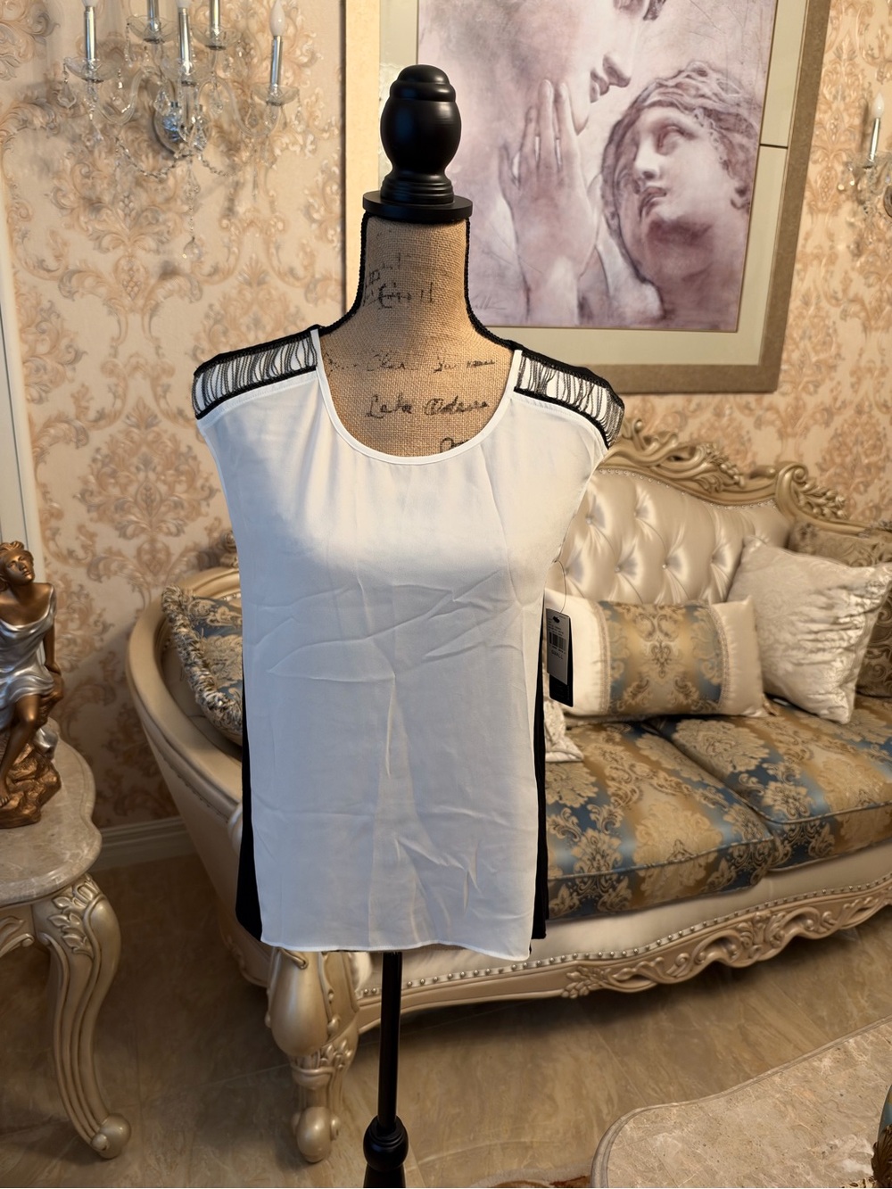 BCX—Women's White & Black Sleeveless Top with Fringe Shoulder Detail